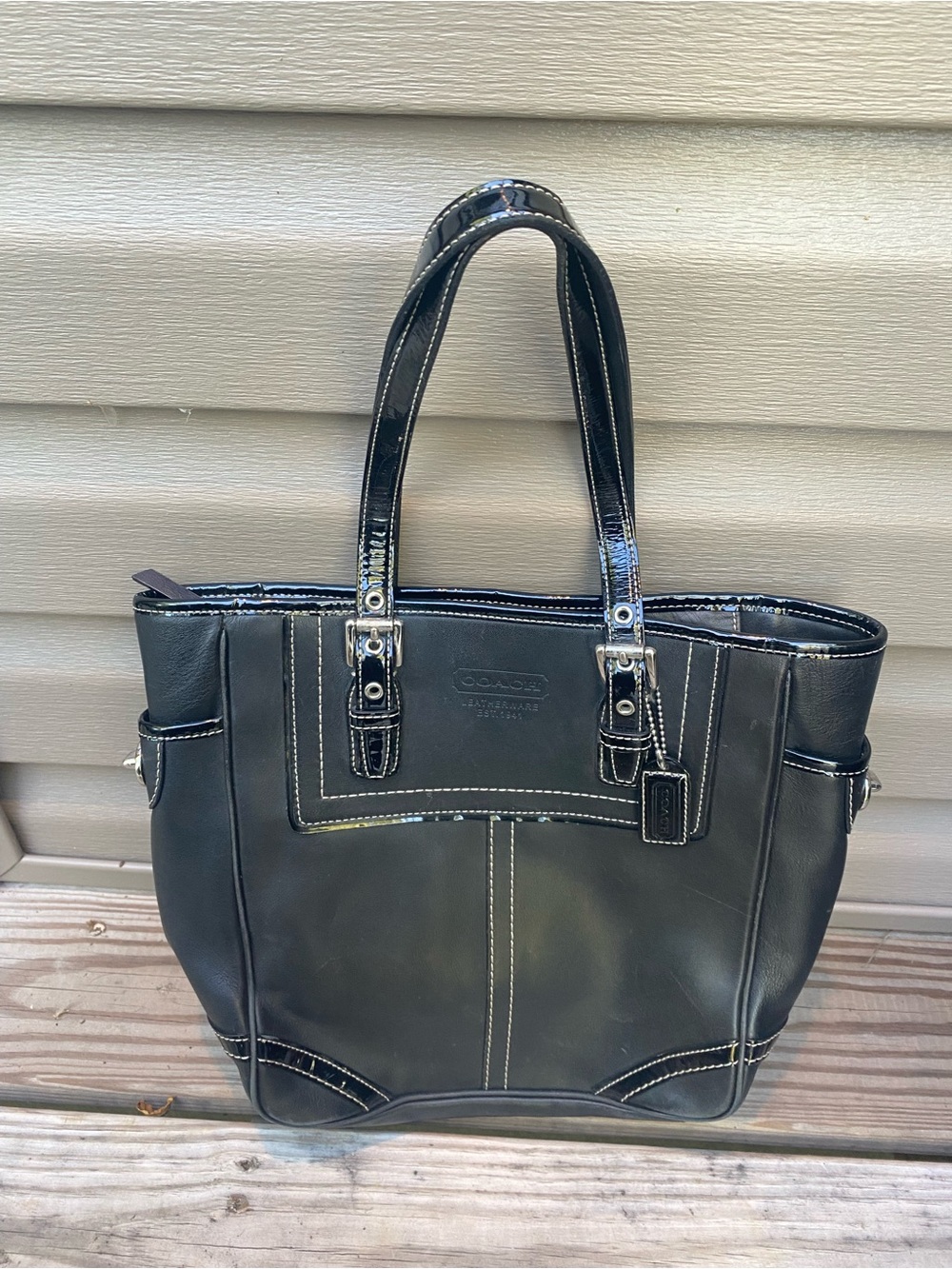 Coach Hampton Legacy Black Leather Tote with Patent Trim and White Stitching